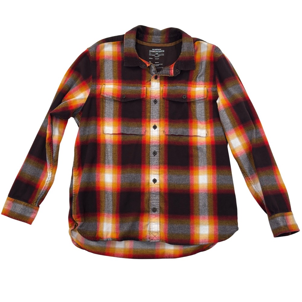 REI Co-op Mens Large Flannel Shirt Plaid Red Orange Yellow Cotton Button Up